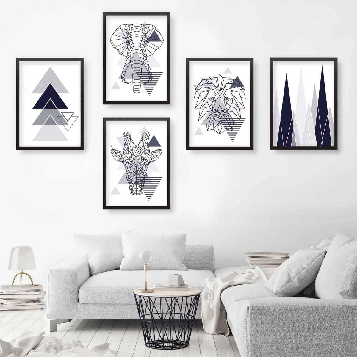 Set of 5 Gallery Wall Art Navy Blue and Grey Art Prints Jungle Art Pri ...