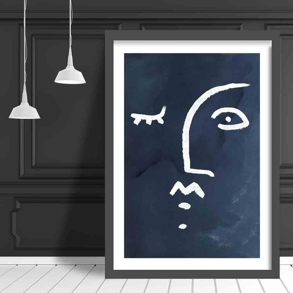 Navy and White Abstract Faces Wall Art Print 03