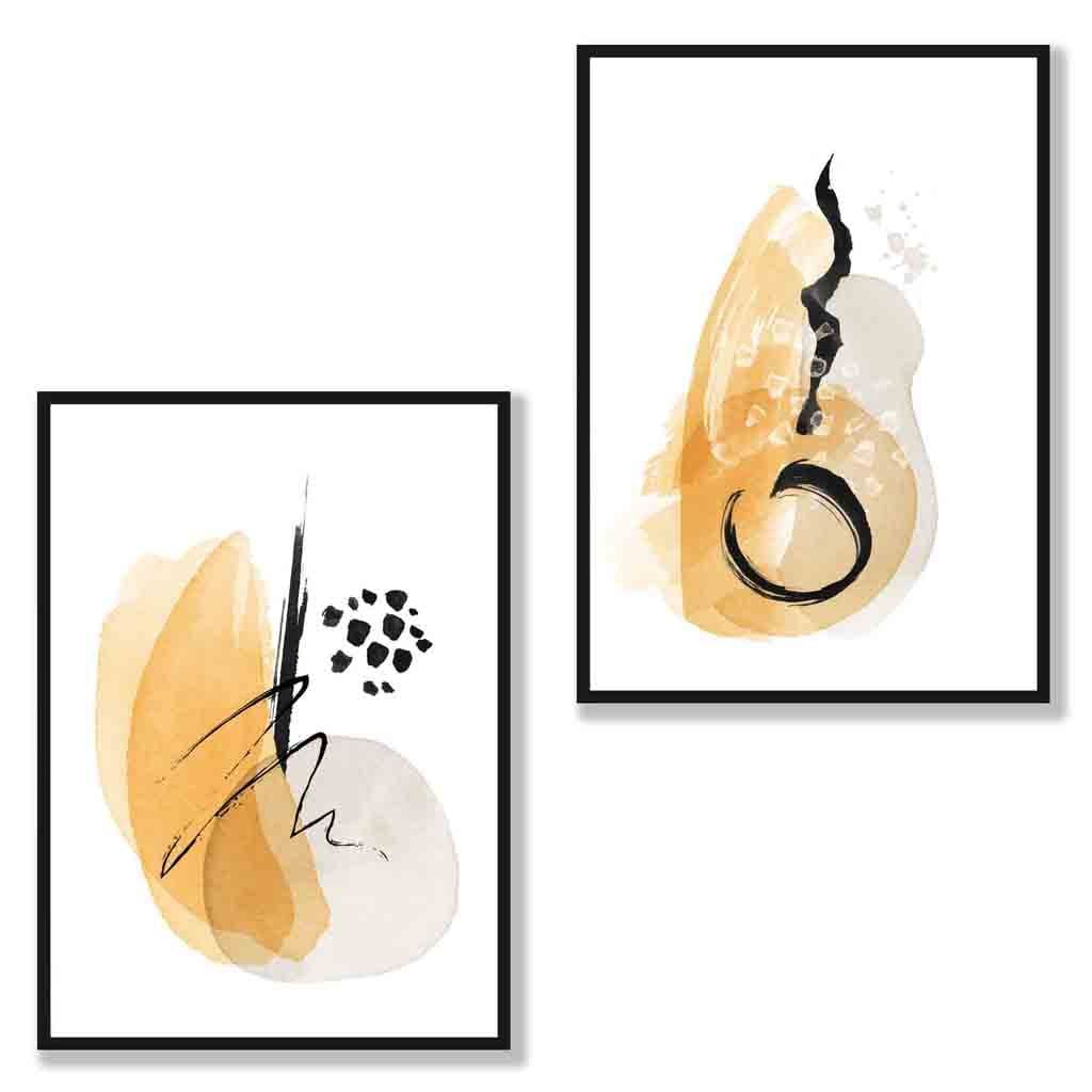 Set of 2 Abstract Yellow and Black Framed Wall Art Prints Artze Wall Art