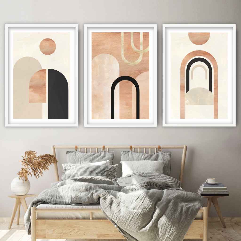 Geometric Graphical Arches Black and Beige Set of 3 Wall Art Prints
