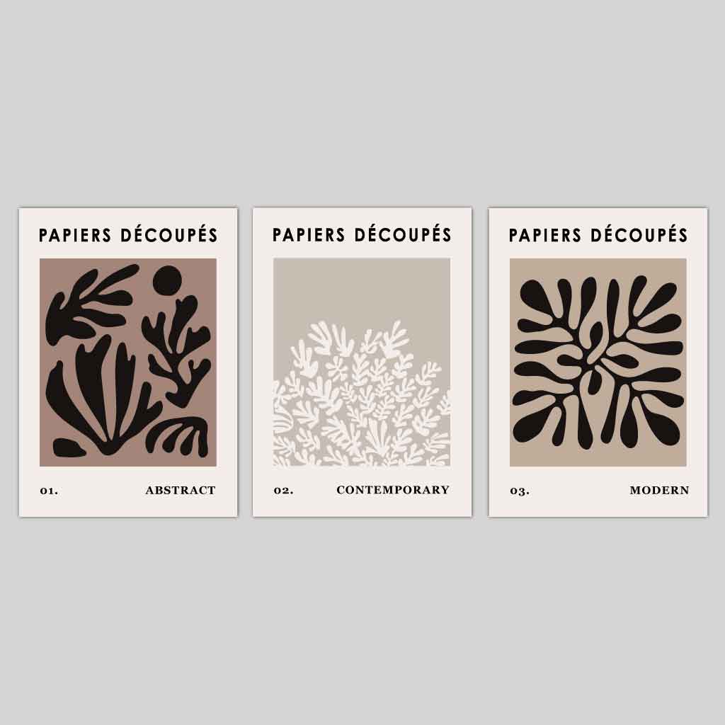 Set of 3 Matisse Style Cut Out Brown & Black Wall Art Prints