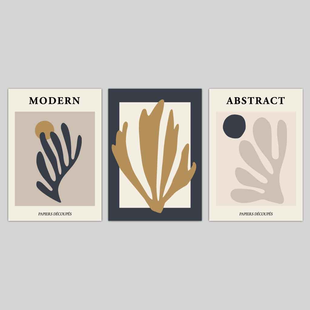 Set of 3 Modern Matisse Style Floral Navy Blue, Yellow and Beige Wall Art Prints