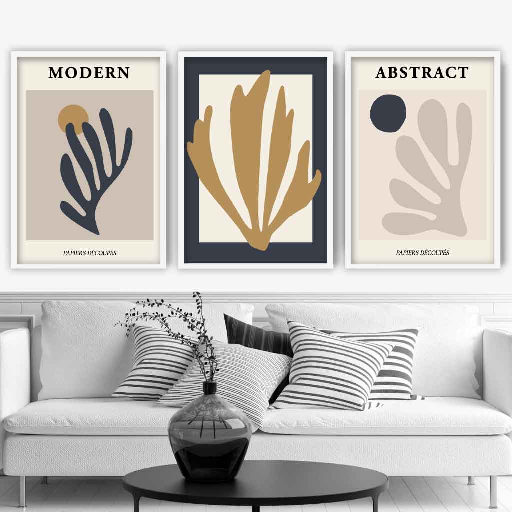 Set of 3 Modern Matisse Style Floral Navy Blue, Yellow and Beige Wall Art Prints