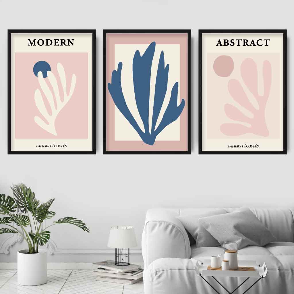Set of 3 Modern Matisse Style Blush Pink and Navy Wall Art Prints