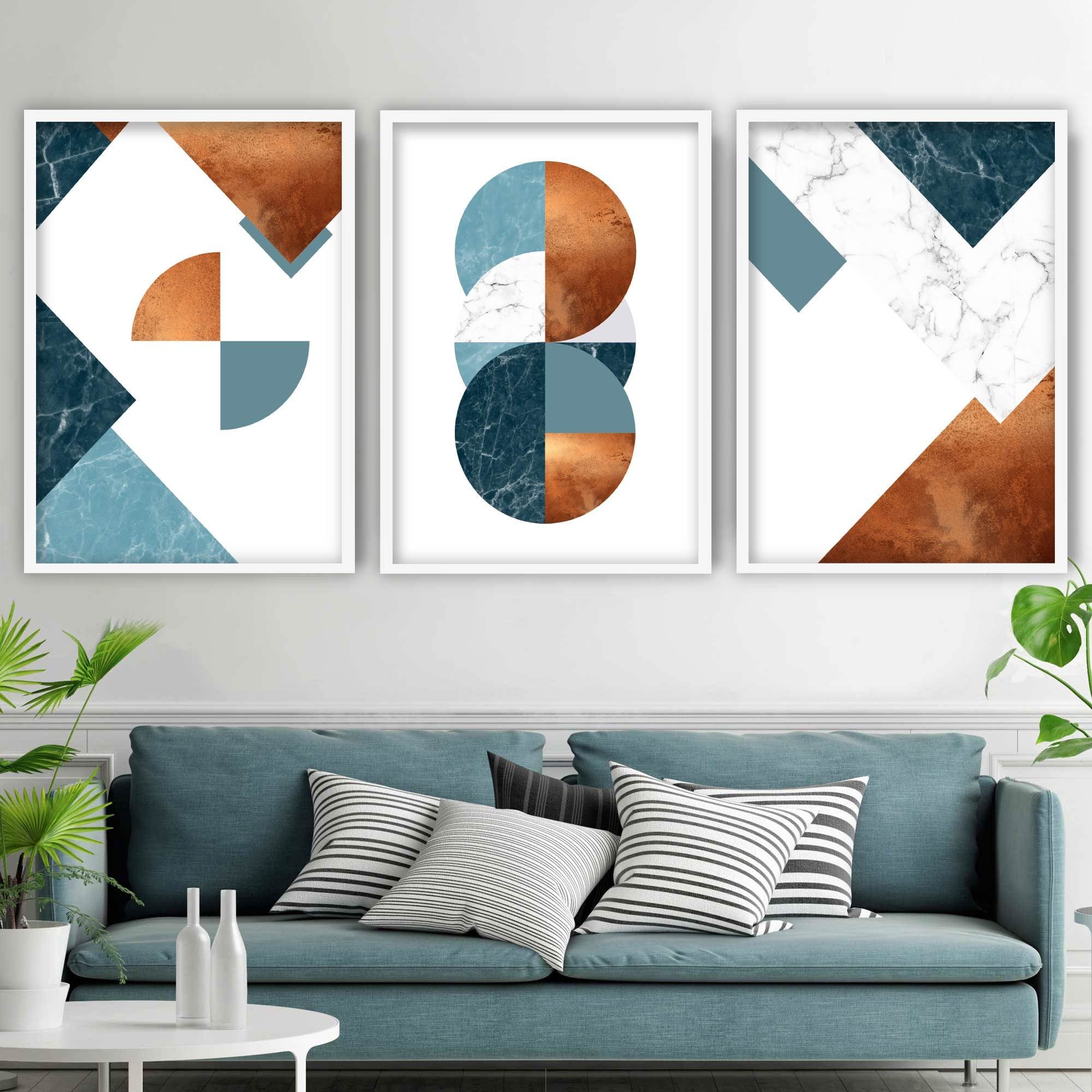GEOMETRIC set of 3 Teal Blue Orange Art Prints Abstract Textured Circles Triangles
