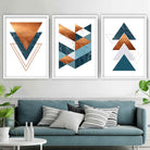 GEOMETRIC set of 3 Teal Blue Orange and Gold Art Prints Abstract Textured Triangles