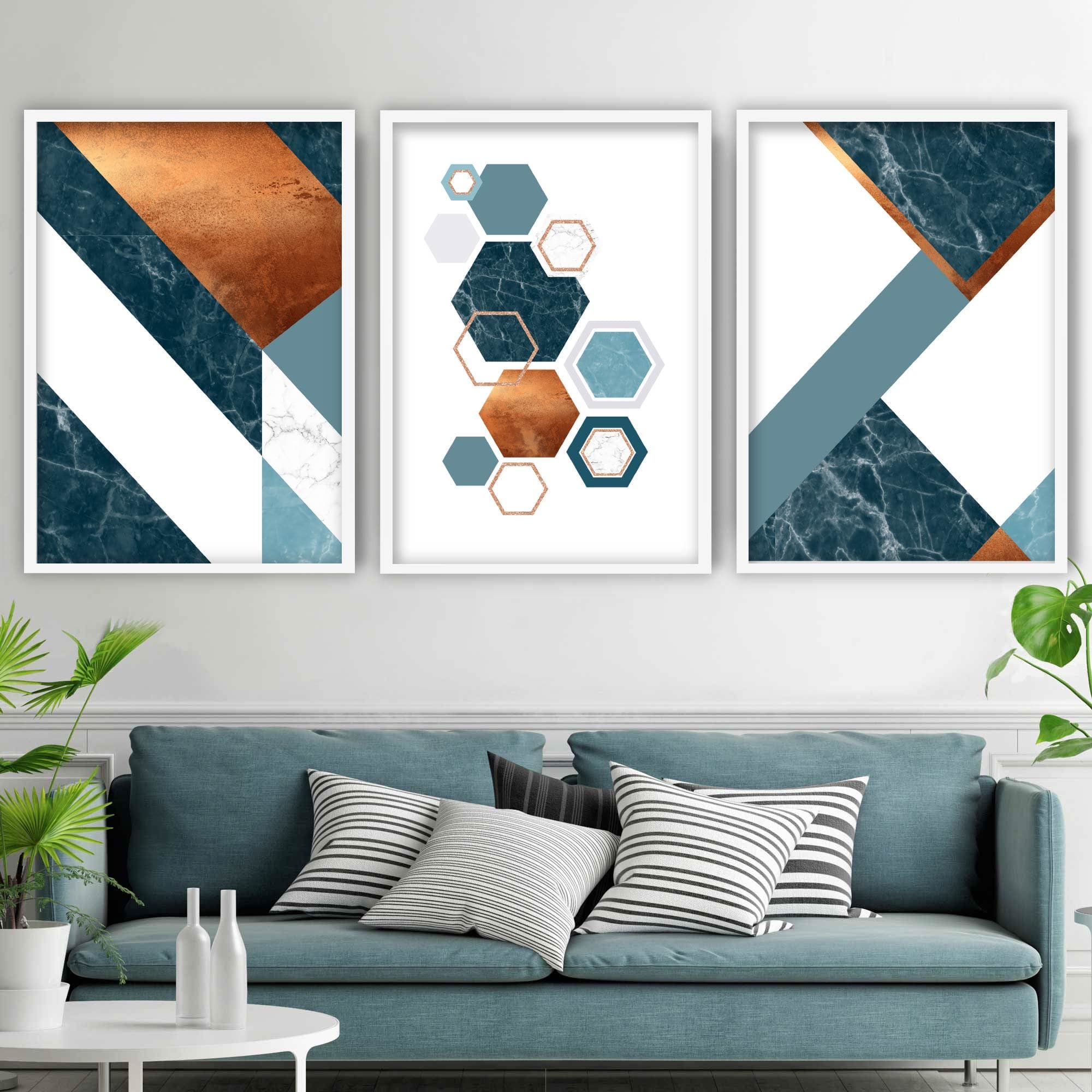 GEOMETRIC set of 3 Navy Blue Orange and Gold Art Prints Abstract Texture
