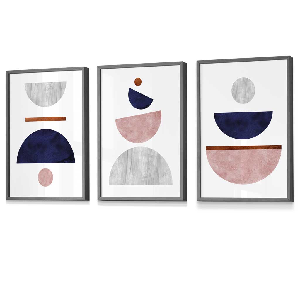 Mid Century Modern Navy Blue and Blush Pink Art Prints in Dark Grey Wood Frames