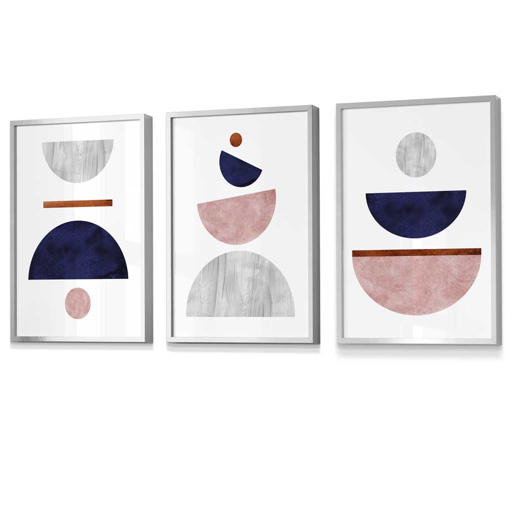 Mid Century Modern Navy Blue and Blush Pink Geometric Art Prints in Silver Foiled Wood Frames