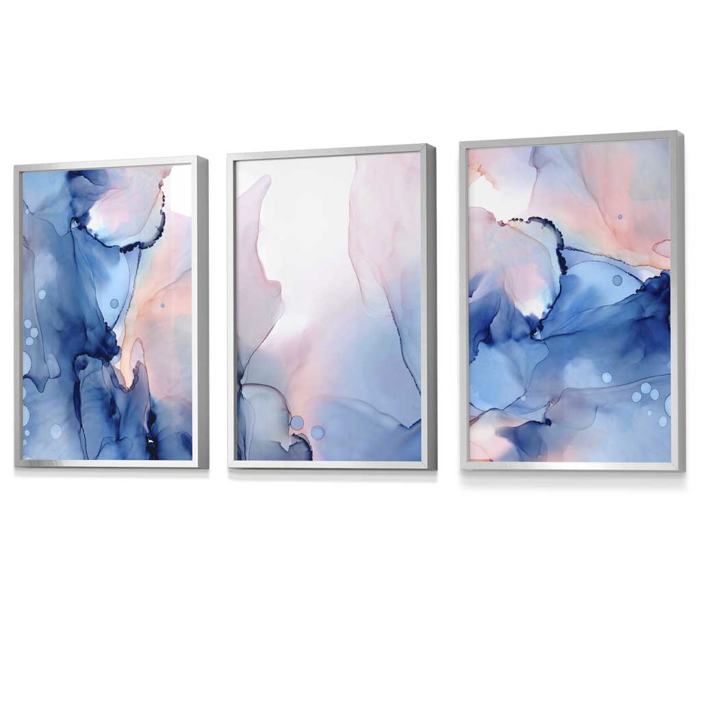 Set of 3 Blush Pink and Navy Blue Abstract Wall Art Prints / Framed | Artze Wall Art UK