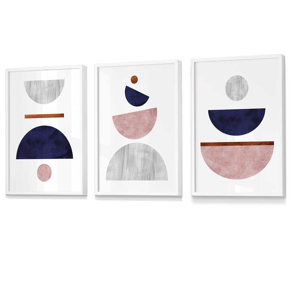 Geometric Navy Blue and Blush Pink Art Prints in White Wood Frames
