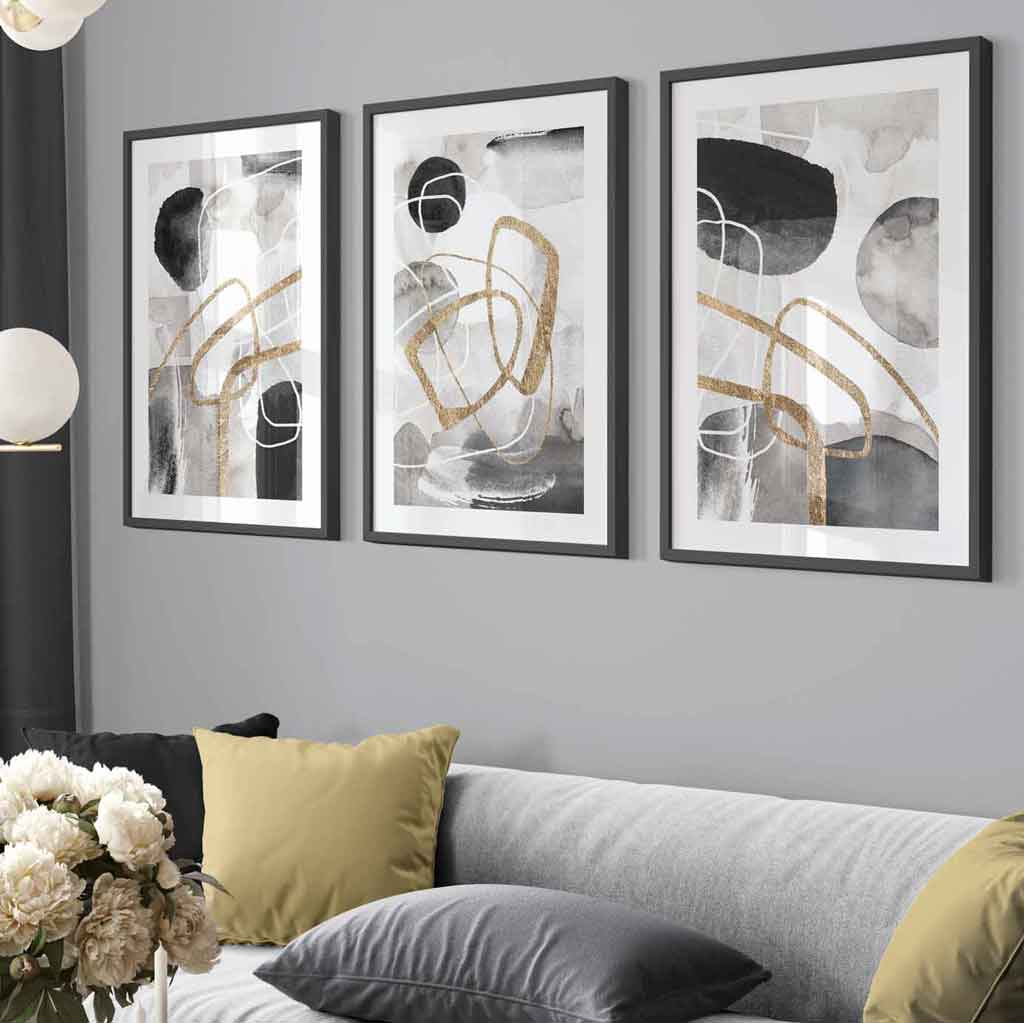 Abstract Black Grey & Gold Shapes Set of 3 Framed Wall Art Prints | Artze Wall Art UK