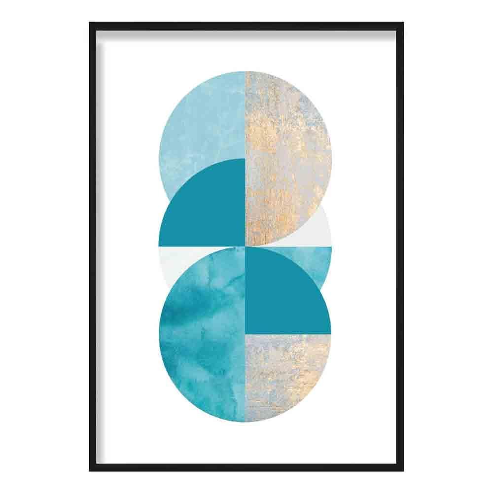 GEOMETRIC Aqua Blue and Gold Art Print Abstract Circles 02