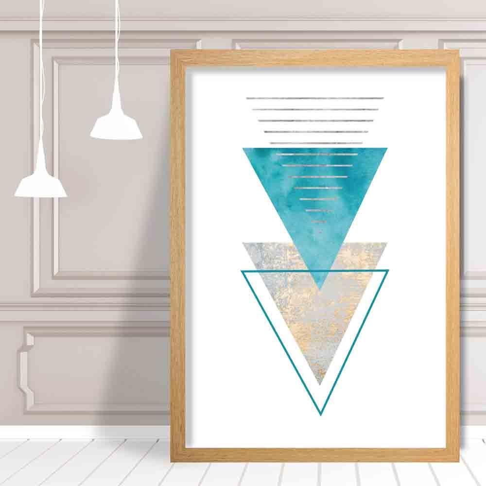 GEOMETRIC Aqua Blue and Gold Art Print Abstract Triangles 03