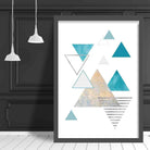 GEOMETRIC Aqua Blue and Gold Art Print Abstract Triangles 01