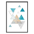 GEOMETRIC Aqua Blue and Gold Art Print Abstract Triangles 01