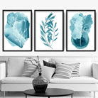 ABSTRACT Set of 3 Aqua Blue Floral Wall Art Prints