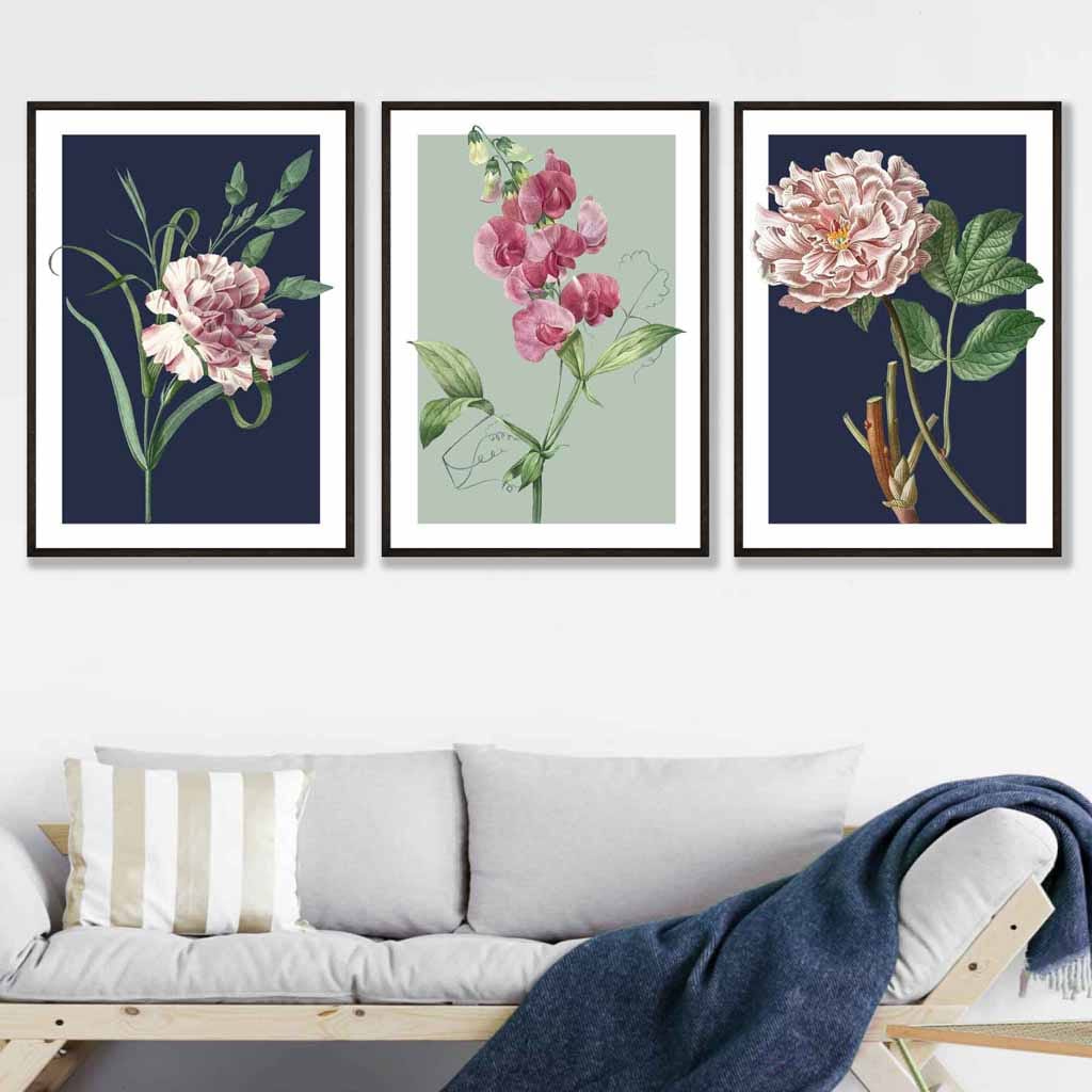 Vintage Flowers Navy Blue and Sage Green Set of 3 Wall Art Prints