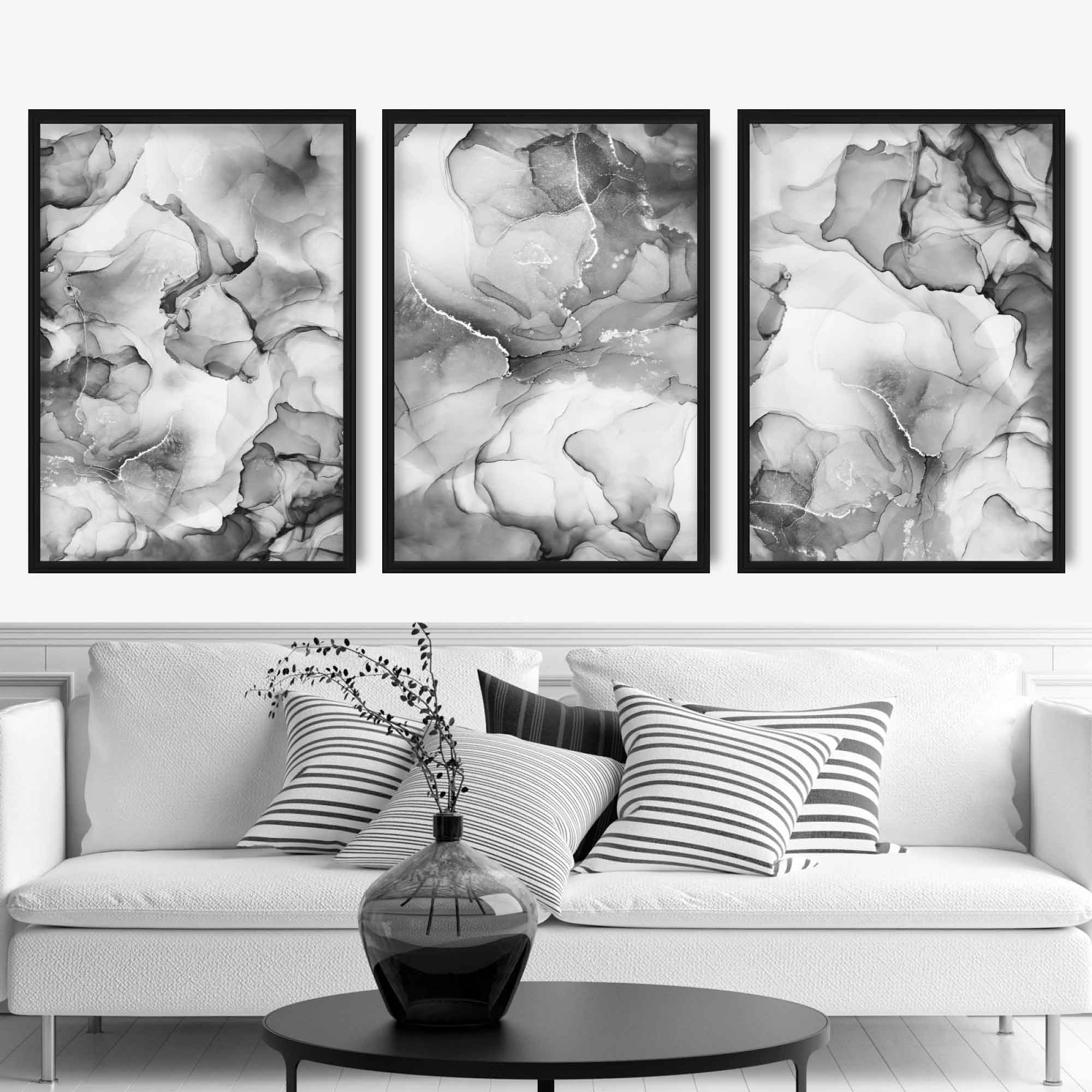 Set of 3 Abstract Black Grey and White Floral Art prints
