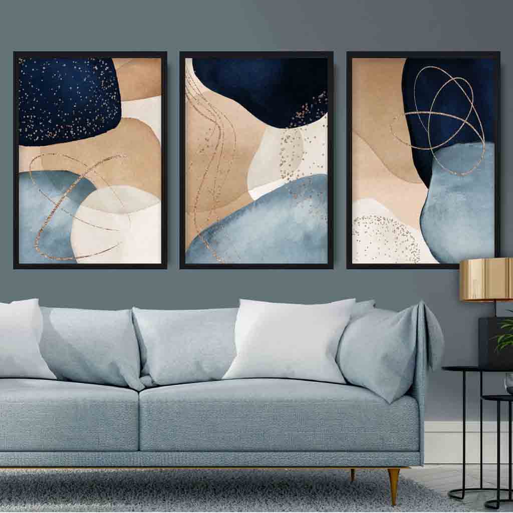 Set of 3 Abstract Art Prints Navy, Blue Beige and Gold