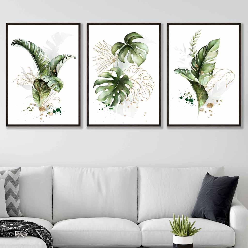 Botanical Set of 3 Green and Gold Floral Wall Art Prints – Artze Wall Art