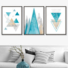 GEOMETRIC set of 3 Aqua Blue and Gold Art Prints Abstract Triangles