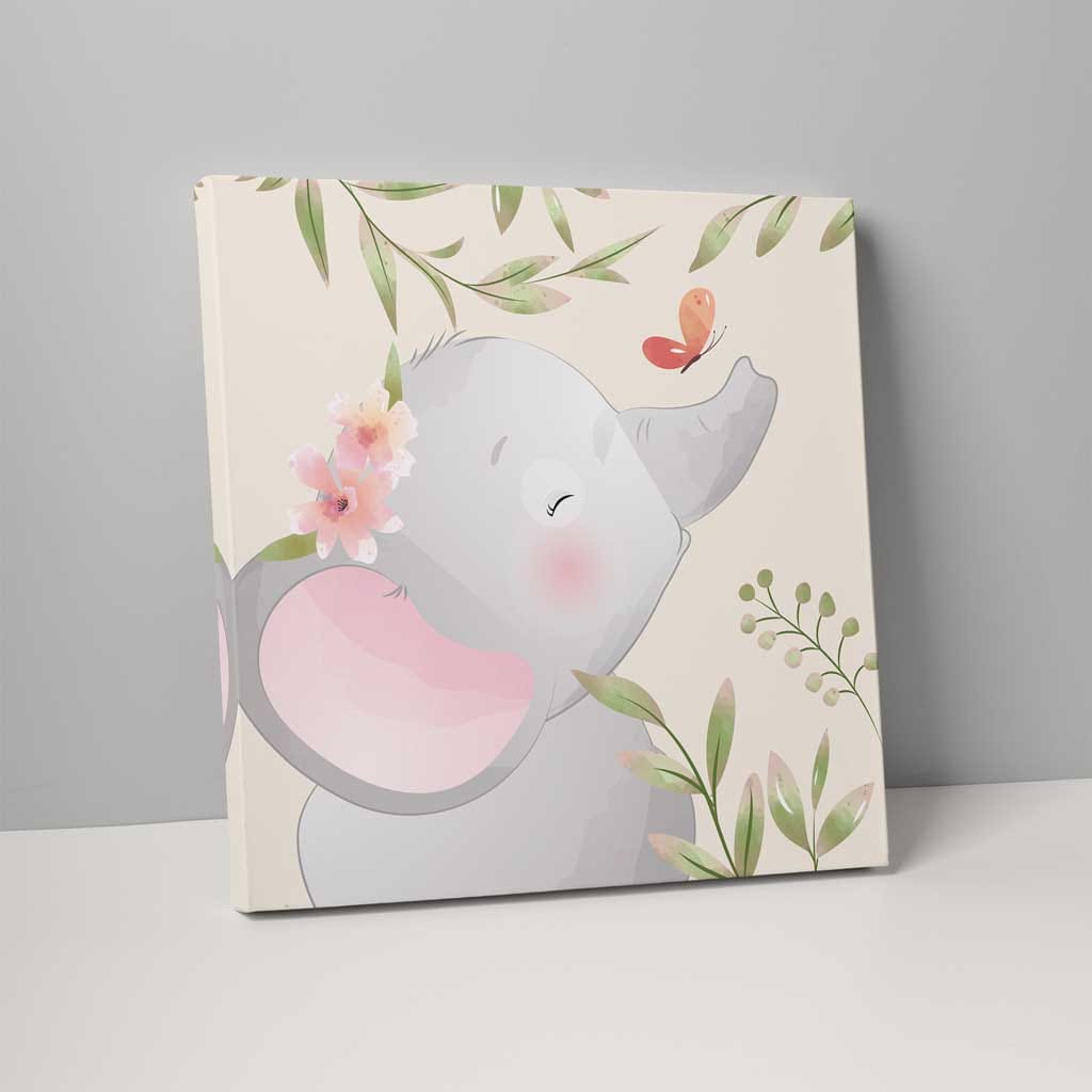 Floral Elephant Nursery Print in Beige and Grey on Canvas