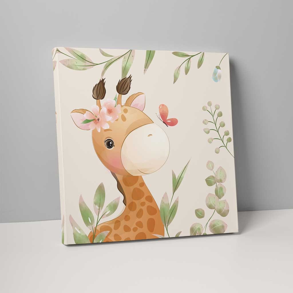 Floral Giraffe Nursery Print in Beige and Orange on Canvas
