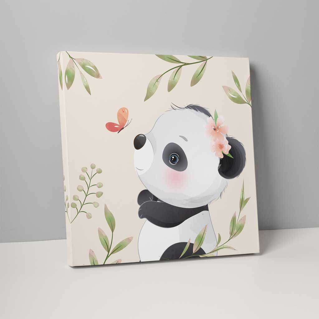 Floral Panda Nursery Print in Beige and Grey on Canvas