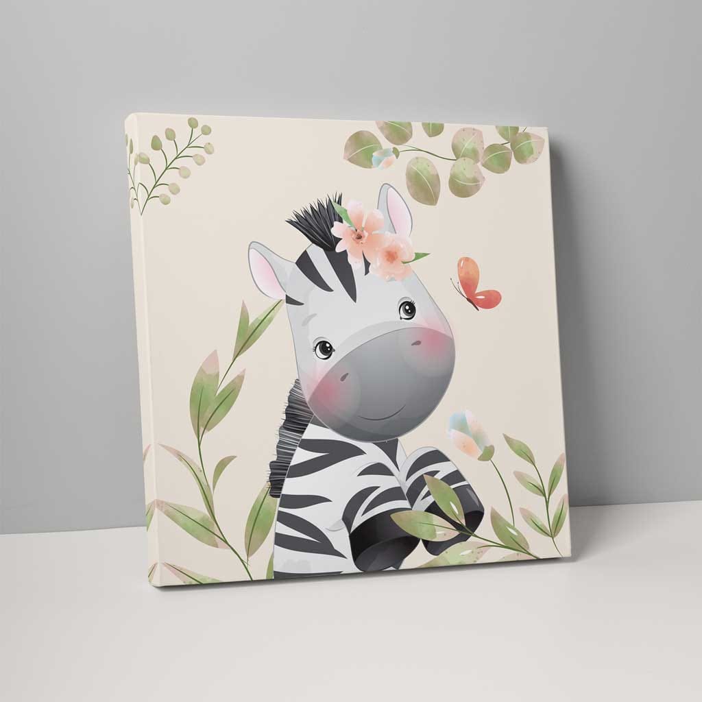 Floral Zebra Nursery Print in Beige and Grey on Canvas