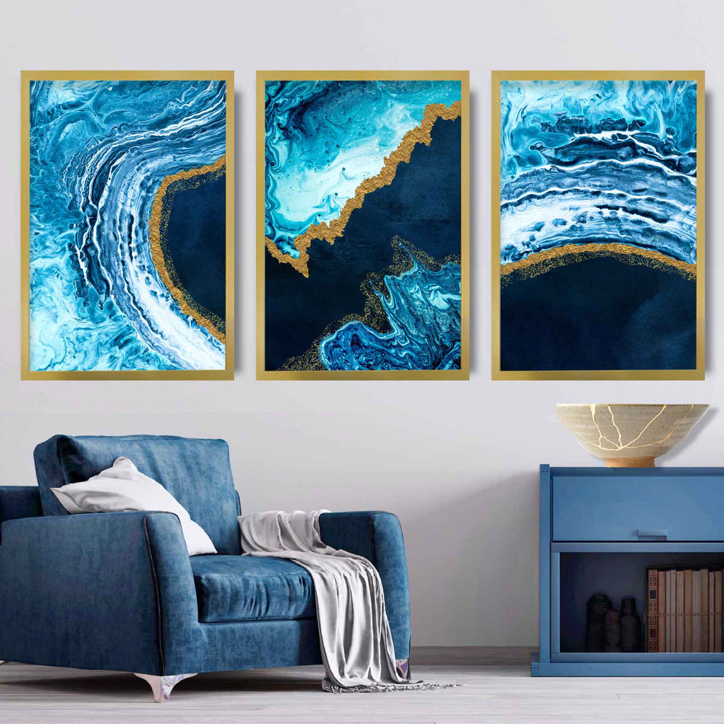 Set of 3 Abstract Fluid Navy Blue and Gold