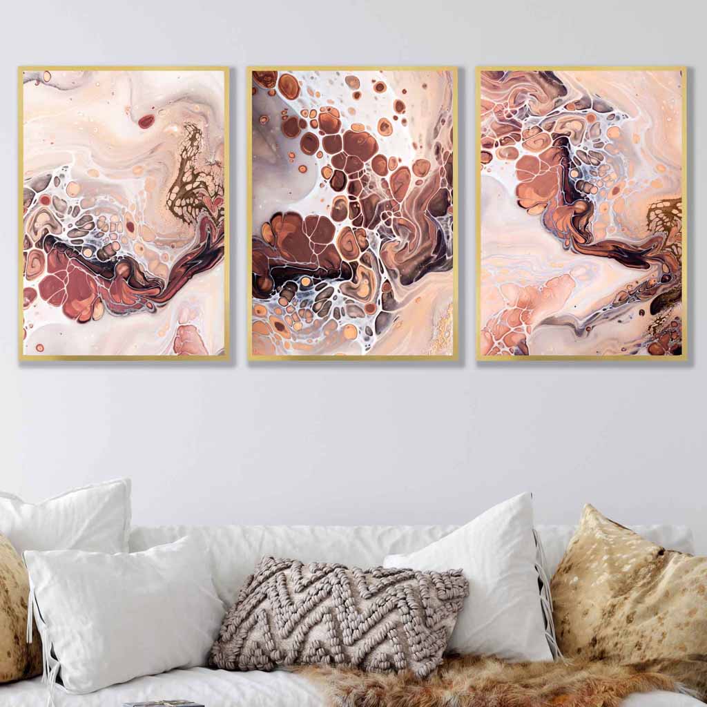 Set of 3 Abstract Beige Brown Terracotta Fluid Wall Art Prints