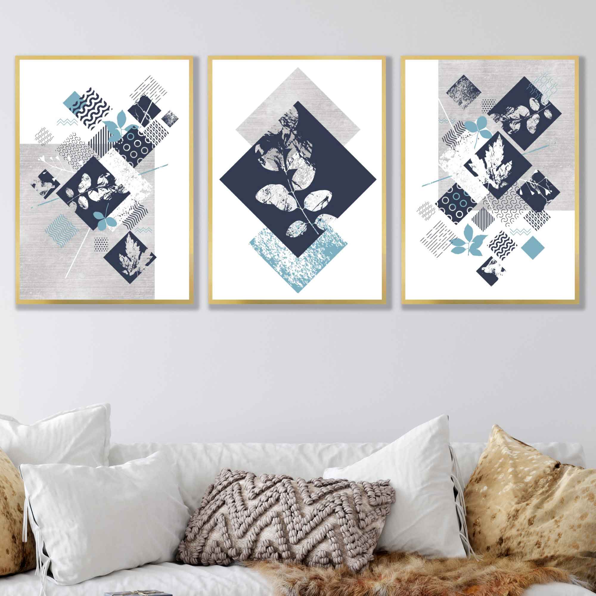 BOTANICAL Set of 3 Abstract GEOMETRIC Navy Blue and Aqua Floral Prints