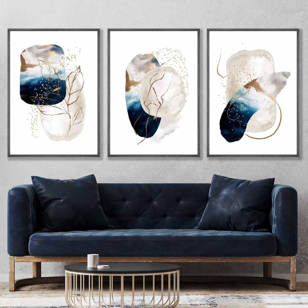 Abstract Textured Navy Blue, Ivory and Gold Set of 3 Wall Art Prints
