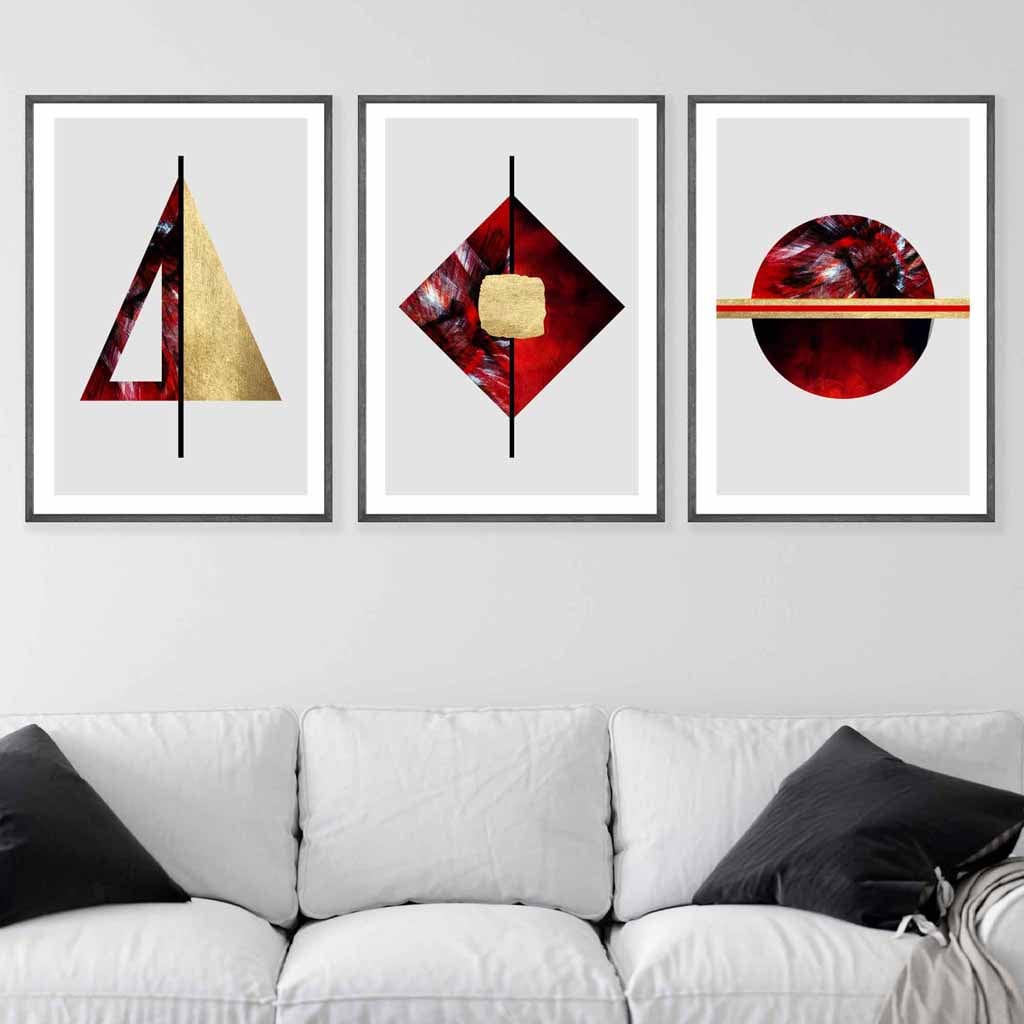 Art Deco Set of 3 Red, Black And Gold Wall Art Prints