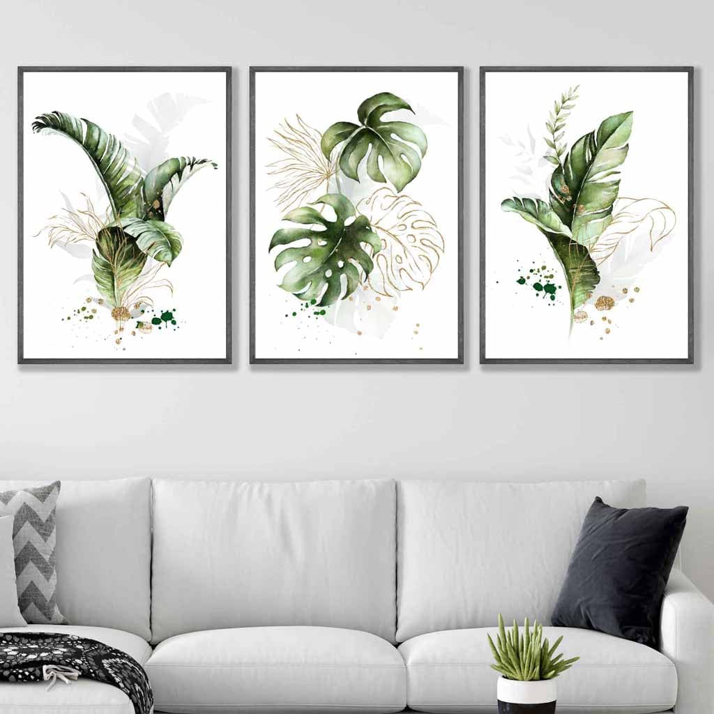 Botanical Set of 3 Green and Gold Floral Wall Art Prints