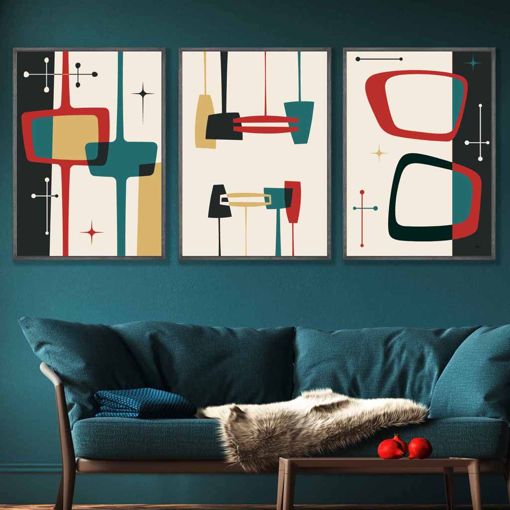 Mid Century Modern Set of 3 Wall Art Prints in Black Teal Red Yellow