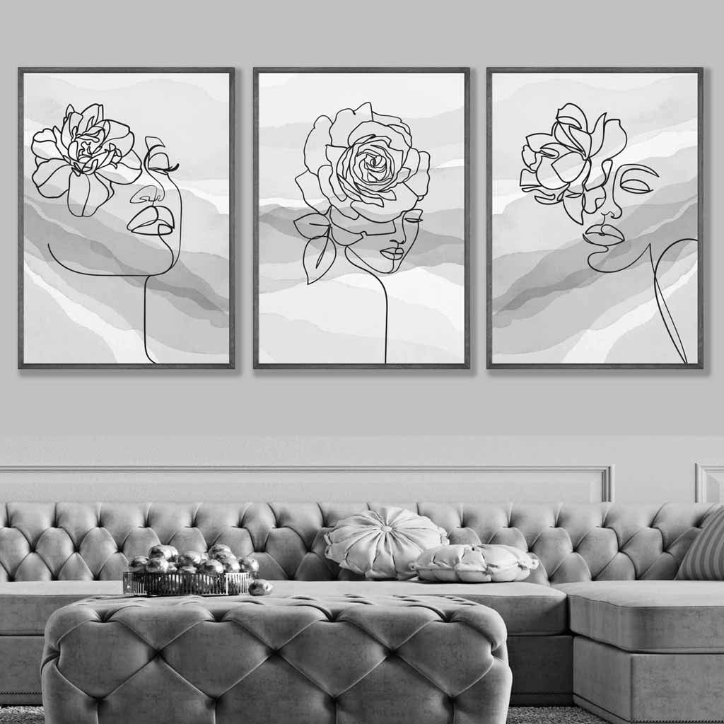 Set of 3 Line Art Floral Faces on Grey Watercolour Art Posters