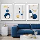 Abstract Set of 3 Textured Geometric Art Wall Art Prints in Navy Blue and Gold