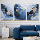 Framed Set of 3 Abstract Art Prints of Paintings Navy Blue and Gold | Artze Wall Art UK