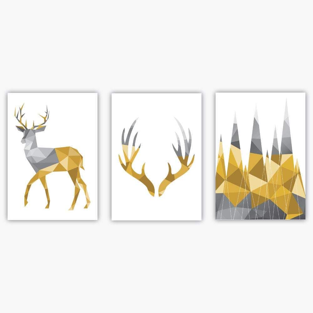 GEOMETRIC set of 3 YELLOW & Grey Art Prints STAG Antlers and Forest