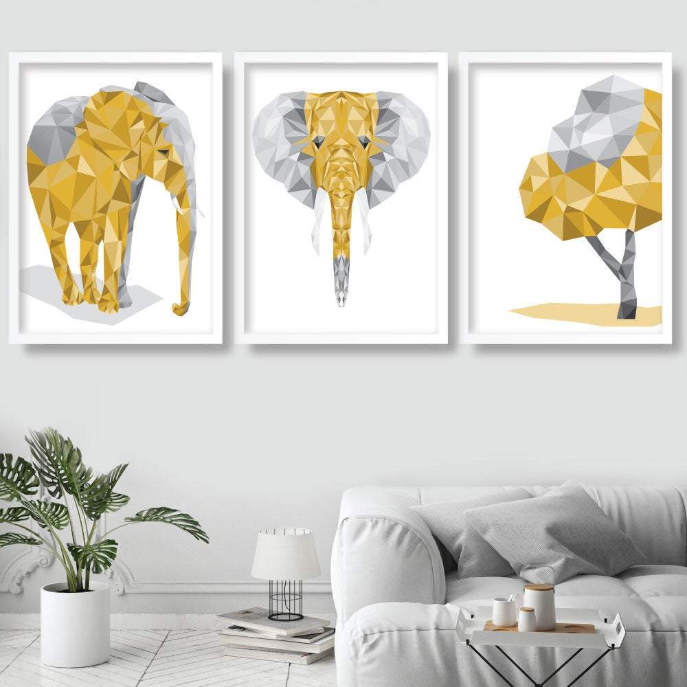 Geo-Poly set of 3 YELLOW & Grey Art Prints Elephant and Tree GEOMETRIC Wall Art Pictures Posters Artwork