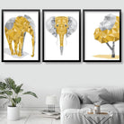 Geometric set of 3 YELLOW & Grey Wall Art Prints Elephant and Tree