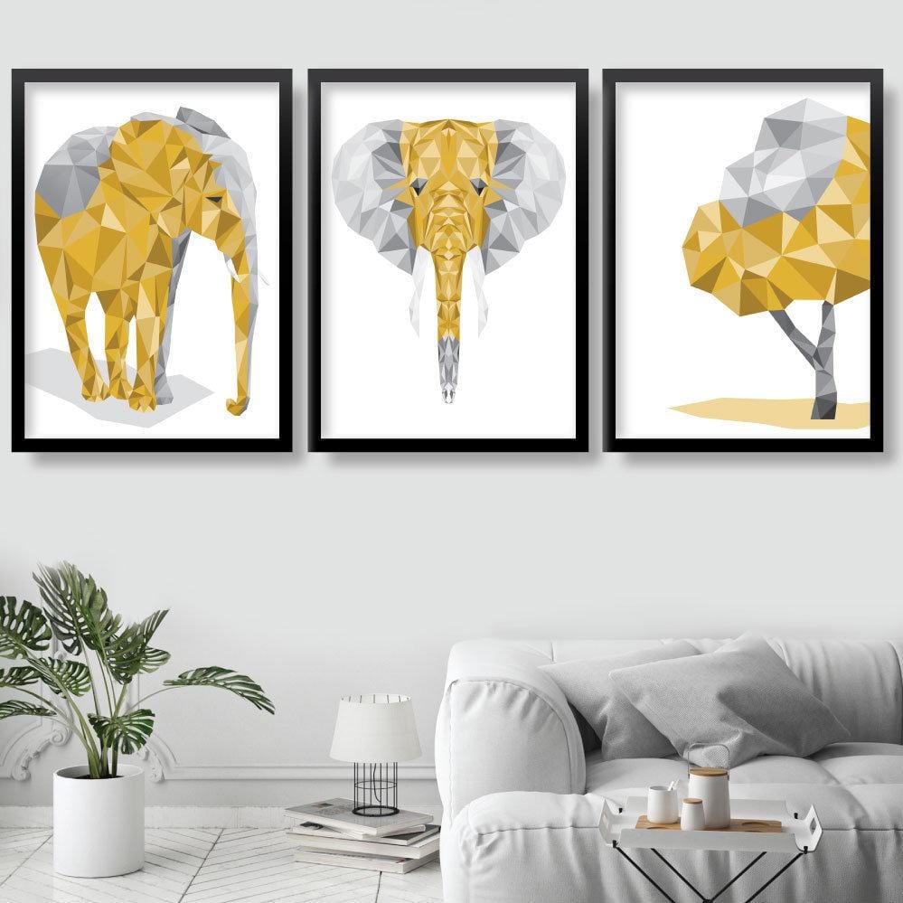 Geometric set of 3 YELLOW & Grey Wall Art Prints Elephant and Tree