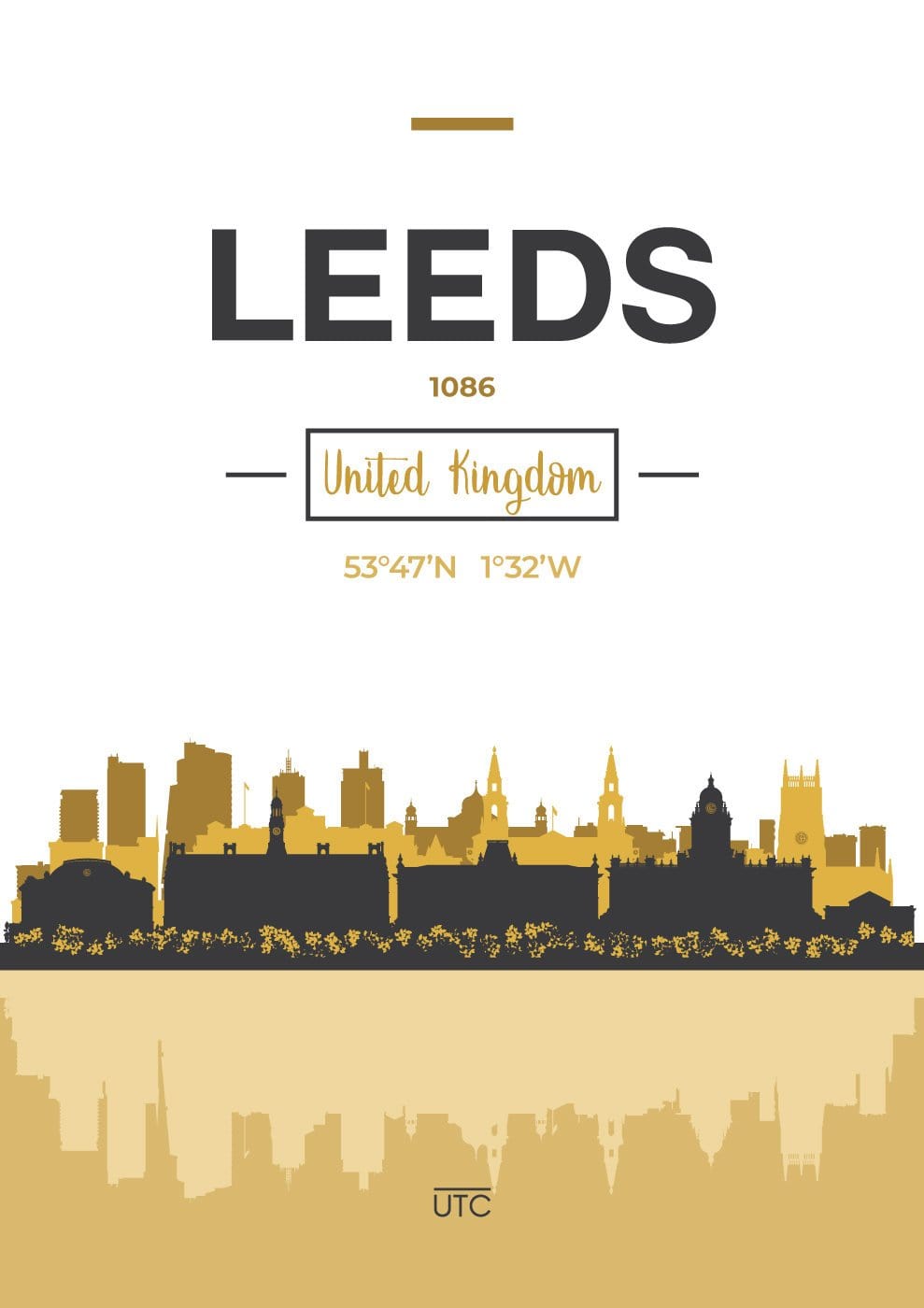 LEEDS Skyline, Leeds Cityscape England, Yellow and Grey Art Print wall Art PRINT poster artwork home decor