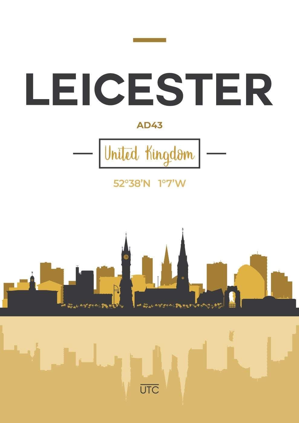 LEICESTER Skyline, Leicester Cityscape England, Yellow and Grey Art Print wall Art PRINT poster artwork home decor