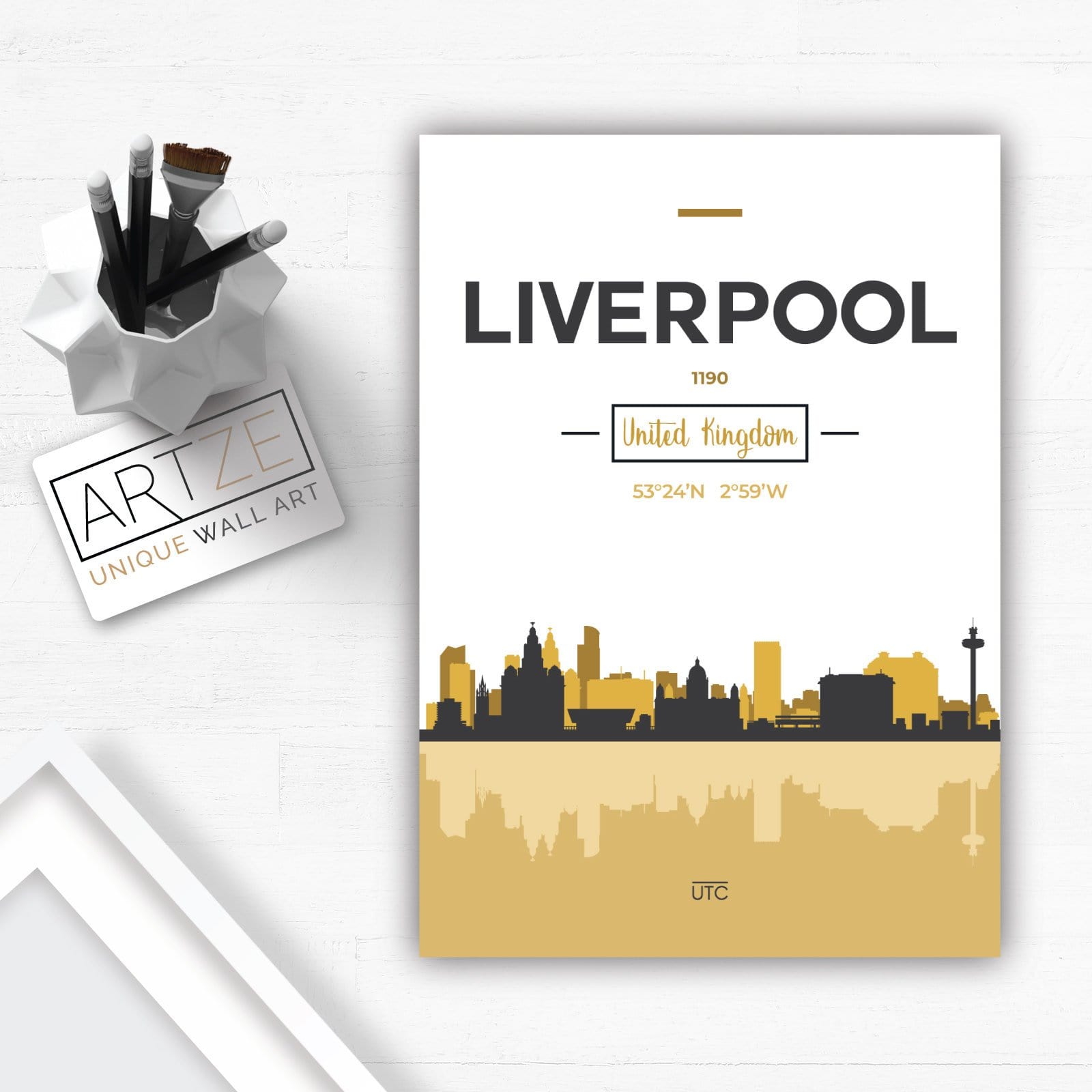 LIVERPOOL Skyline, Liverpool Cityscape England, Yellow and Grey Art Print wall Art PRINT poster artwork home decor