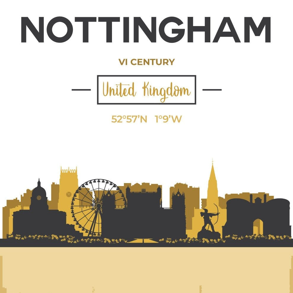 NOTTINGHAM Skyline, Nottingham Cityscape England, Yellow and Grey Art Print wall Art PRINT poster artwork home decor