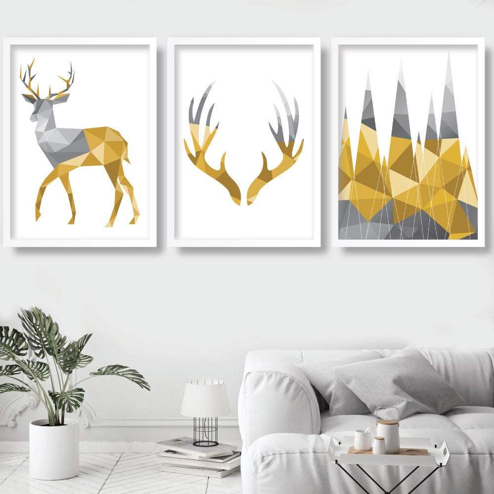 GEOMETRIC set of 3 YELLOW & Grey Art Prints STAG Antlers and Forest Wall Pictures Posters Artwork