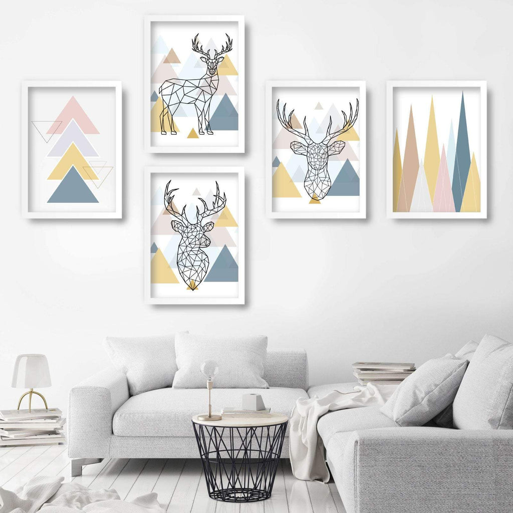 Set of 5 Scandinavian GEOMETRIC Gallery Wall Art Multi Blue Pink Yellow & Beige Art Prints STAG head Wall Pictures Posters Artwork